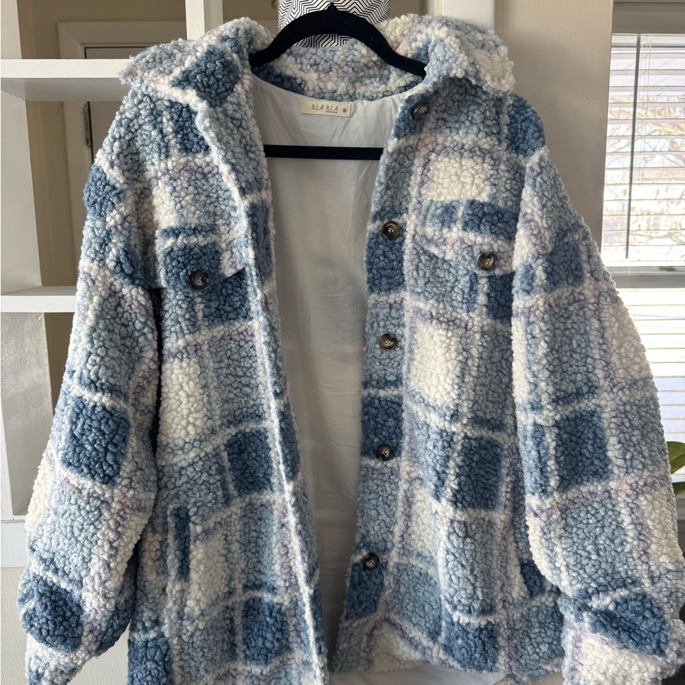 Pinkblush Blue and White Plaid Sherpa Jacket